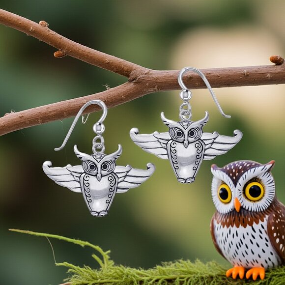 Cari Buziak Designed Owl Sterling Silver Earrings - Picture 1 of 4